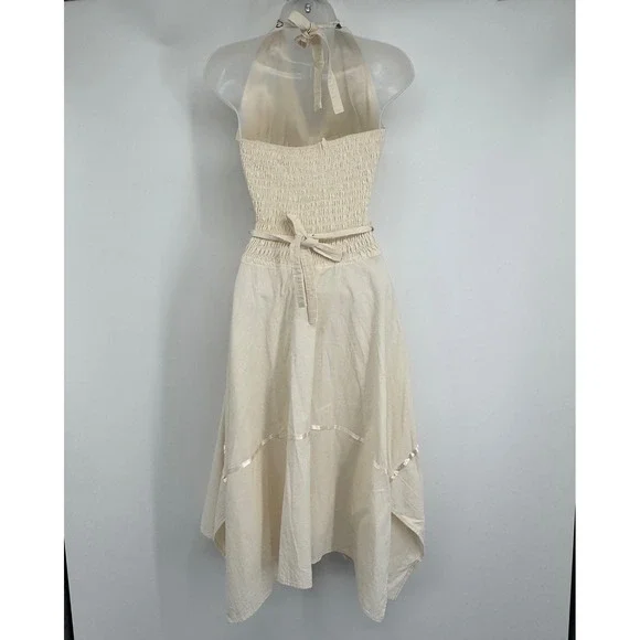 Women Dress S Cream Boho Floral Midi Crochet Handkerchief Hem Festival Cottage - Picture 4 of 10